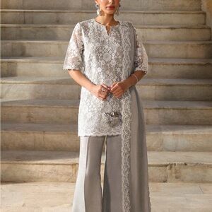 Pakistani designer Chic Lace Overlay Long Sleeve Dress - White